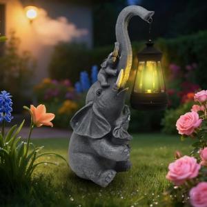Hulonrua Solar Garden Outdoor Statues Lights Elephant Garden Sculptures Birthday Housewarming Gifts for Women Mom Grandma for Patio Yard Lawn Backyard Decorations