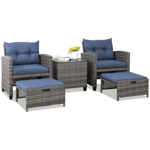 Shintenchi 5 Pieces Patio Furniture Set, Outdoor Wicker Patio Conversation Set with Ottoman, All Weather Rattan Outside Chairs with Coffee Table & Cushion for Porch, Garden, Backyard, Navy