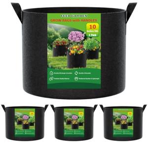 FEED GARDEN 10 Gallon Grow Bags – 4 Pack Heavy Duty Nonwoven Fabric Pots for Vegetables, Tomatoes, Herbs – Breathable Reusable Plant Containers for Indoor & Outdoor Gardening
