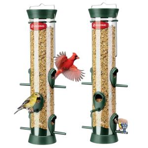 Kingsyard 2 Pack Tube Bird Feeder for Outdoors Hanging, Removable Base and Perch, 6 Feeding Ports - Easy to Clean, Premium Hard Plastic, Attracting for Finches Cardinals (Green)