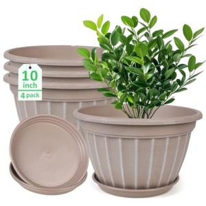 FGstyle 10 Inch Plants Pot,4 Pack Flower Pots,Planters Pot with Drainage Hole & Saucer,Modern Planters for Indoor Outdoor Plants,Decorative Resin Garden Pots for Outdoor Indoor Home Plants (Beige)