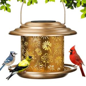 Solar Bird Feeders for Outdoors, Weatherproof Metal Bird Feeder with Fireworks Pattern for Christmas Decoration, Hanging Birdfeeder Lantern for Courtyard Garden Outside