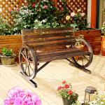 Outsunny 41" Wooden Wagon Wheel Bench, Rustic Outdoor Patio Weather Resistance Furniture, 2-Person Slatted Seat Bench with Backrest, Carbonized