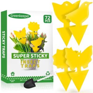 72 Pcs Classic Sticky Traps for Fungus Gnat (Plants), Flying Insect, Whitefly and Fly, Yellow Sticky Insect Catcher Traps for Indoor/Outdoor, Kitchen, and Plants, High-End Glue, Non-Toxic, 4 Shapes