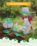 Grenebo Kids Gardening Set Toys,Includes Metal Trowel,Transplanting Shovel,Garden hat,Rake,Apron,Gloves,Watering Can,and Tool Organizer Bag (Lake Green)