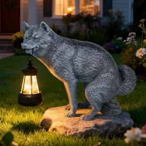 Loungelore Discreet Wolf Garden Statue - The Loyal Guardian's Surprise Solar Lantern - Unique Dog Resin Figurine for Lawn Patio - Funny Gag Gift for Gardeners -Christmas House Warming Gifts New Home