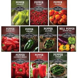 10 Pepper Seed Packs for Planting | Jalapeño, Serrano, Cayenne, Bell, Habanero, Poblano & More – Hot & Sweet Heirloom Non-GMO Peppers Collection – Survival Garden Seeds