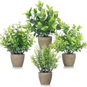 FAVOWREATH 4 Pack Fake Plants Ceramic Mini Artificial Greenery Potted Plants for Home Decor Office Decor Room Decor Farmhouse Decor Indoor Table Bathroom Decor