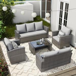 Wisteria Lane 5 Piece Patio Furniture Set, Wicker Outdoor Patio Conversation Furniture Set, All Weather Outdoor Patio Sofa with Cushion and Glass Table, Grey