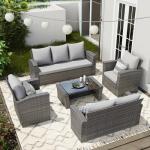 Wisteria Lane 5 Piece Patio Furniture Set, Wicker Outdoor Patio Conversation Furniture Set, All Weather Outdoor Patio Sofa with Cushion and Glass Table, Grey