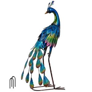 TERESA'S COLLECTIONS Garden Decor, Peacock Garden Decor, Elegant Peacock with Colorful Painting,18", Waterproof Metal Garden Statues, Peacock Gifts, Birthday Gifts for Women Mom