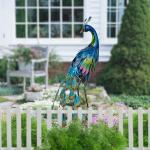 TERESA'S COLLECTIONS Garden Decor, Peacock Garden Decor, Elegant Peacock with Colorful Painting,18", Waterproof Metal Garden Statues, Peacock Gifts, Birthday Gifts for Women Mom