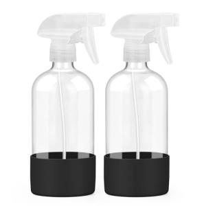 Worldgsb 2 Pack Glass Spray Bottles with Silicone Sleeve, 16 oz Empty Refillable Containers with Adjustable Spray Nozzles, Spray Bottles for Hair, Cleaning Solutions and Plants Black
