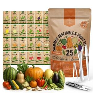25 Summer Vegetable & Fruit Seeds Variety Pack - 1,870+ Non-GMO Heirloom Veggie & Fruits Seeds for Outdoors and Indoor Home Gardening, Including Collards, Tomato, Pepper, Okra, Onion, Bean, Cucumber