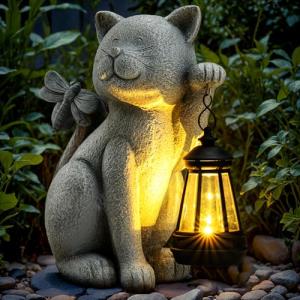 Solar Garden Outdoor Statues Cat with Solar Lantern,Outdoor Cat Figurines Decorations,Lawn Decor Rabbit Statue for Patio, Balcony, Yard Ornament,Unique Housewarming and Birthdays Gifts for Mom Women