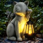 Solar Garden Outdoor Statues Cat with Solar Lantern,Outdoor Cat Figurines Decorations,Lawn Decor Rabbit Statue for Patio, Balcony, Yard Ornament,Unique Housewarming and Birthdays Gifts for Mom Women
