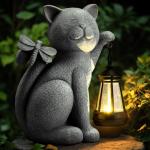 Solar Garden Outdoor Statues Cat with Solar Lantern,Outdoor Cat Figurines Decorations,Lawn Decor Rabbit Statue for Patio, Balcony, Yard Ornament,Unique Housewarming and Birthdays Gifts for Mom Women