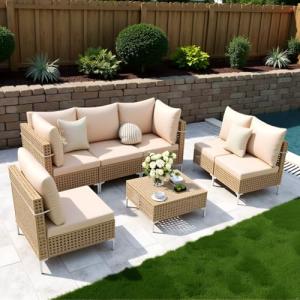 Ophelian 7 Piece Patio Furniture Set, Outdoor Wicker Sectional Couch Weave Rattan Sofa with Coffee Table & Thick Cushion(Beige), Perfect for Lawn, Deck, Garden, Backyard