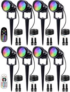 SUNVIE Christmas 12W RGB Color Changing Landscape Lights Low Voltage LED Landscape Lighting Remote Control Spotlight Waterproof Garden Pathway Christmas Decoration Outdoor, 8 Pack with Connector