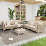 Ophelian 7 Piece Patio Furniture Set, Outdoor Wicker Sectional Couch Weave Rattan Sofa with Coffee Table & Thick Cushion(Beige), Perfect for Lawn, Deck, Garden, Backyard