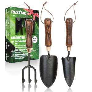 RESTMO 3-in-1 Heavy Duty Gardening Tools Kit, Premium Carbon Steel Garden Tools with Ergonomic Wooden Handle Includes Trowel, Transplanter, and Cultivator, Ideal Gardening Gifts for Women, Gardener