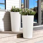 FONTOI 23.6" Tall Planter for Outdoor Plants Set of 2 Large Outdoor Plastic Striped Flower Pots, Front Porch Furniture, Garden Pots, Decorative Planters for Indoor/Outdoor, Patio, Balcony, White