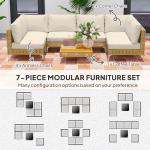 Outsunny 7 Piece Wicker Patio Furniture Set, Modular Outdoor Sectional with Thickened Cushions, Rattan Outdoor Furniture Conversation Set with Slatted Acacia Wood Table for Backyard, Khaki/Beige
