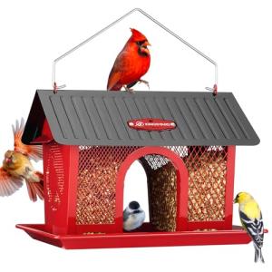 Kingsyard Bird Feeder for Outdoors Hanging, Dual-Use Metal Mesh Wild Bird Feeders with Seed Tray & Weatherproof Roof, 3 lbs Large Capacity, Red