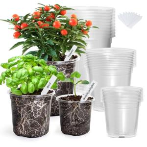 Bonviee 30 Packs 6.7/5/4 Inch Clear Nursery Pots for Plants, Plastic Seedling Pots with Drainage Holes, Planters for Indoor Plants and Transparent Seed Starter Pots with 10 Plant Labels