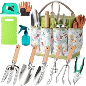 Garden Tool Set 11-Piece Heavy Duty Gardening Hand Tools - Rust-Resistant Stainless Steel with Durable Stylish Garden Tools Organizer Tote Bag | Ideal Gardening Gift for Women & Garden Enthusiasts