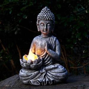 Yiosax Solar Buddha Statue - Outdoor Zen Sculpture With Flickering LED Lotus Light - Waterproof Garden Decor Gift - 11.81 Inch