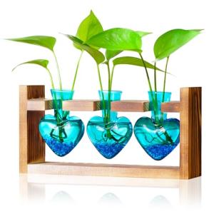 Nacome Plant Terrarium Propagation Stations: Christmas Gifts for Plant Lovers Women Mom Wife - Wooden Stand Tabletop Planter 3 Bulb Glass Vase Heart Shaped for Hydroponics Indoor Home Office Decor