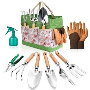 9-Piece Gardening Tools Set - Complete Gardening Kit with Heavy-Duty Stainless Hand Tools, Durable Storage Bag with Garden Accessories, Ideal Gardening Gifts for Women, Men, Gardeners (Green)
