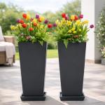 FENCY Set of 2 Tall Planters for Outdoor Plants, 24 Inch Large Tapered Pots with Drainage Trays, Weather-Resistant Plastic Plant Containers for Patio, Porch, Garden, Front Door Decor,Black