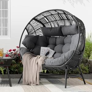 IRONCK 2 Person Egg Chair Outdoor Indoor, Oversized Double Wicker Lounge Chair, Thickened Padded Cushions and Headrests, 680Lbs Egg Loveseat for Patio, Balcony, Living Room, Porch, Gray