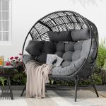 IRONCK 2 Person Egg Chair Outdoor Indoor, Oversized Double Wicker Lounge Chair, Thickened Padded Cushions and Headrests, 680Lbs Egg Loveseat for Patio, Balcony, Living Room, Porch, Gray
