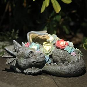 Garden Dragon Statue Outdoor Decor, Coiled Sleeping Dragon Figurine with Solar Light Succulent, Waterproof Resin Garden Sculpture for Outside Lawn Patio Yard Ornament Gifts