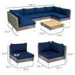 Outsunny 7 Piece Wicker Patio Furniture Set, Modular Outdoor Sectional with Thickened Cushions, Rattan Outdoor Furniture Conversation Set with Slatted Acacia Wood Table for Backyard, Brown/Dark Blue
