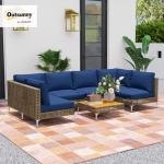 Outsunny 7 Piece Wicker Patio Furniture Set, Modular Outdoor Sectional with Thickened Cushions, Rattan Outdoor Furniture Conversation Set with Slatted Acacia Wood Table for Backyard, Brown/Dark Blue
