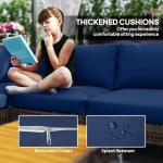 Outsunny 7 Piece Wicker Patio Furniture Set, Modular Outdoor Sectional with Thickened Cushions, Rattan Outdoor Furniture Conversation Set with Slatted Acacia Wood Table for Backyard, Brown/Dark Blue