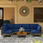 Outsunny 7 Piece Wicker Patio Furniture Set, Modular Outdoor Sectional with Thickened Cushions, Rattan Outdoor Furniture Conversation Set with Slatted Acacia Wood Table for Backyard, Brown/Dark Blue