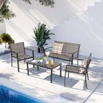 Shintenchi 4 Pieces Patio Furniture Set All Weather Textile Fabric Outdoor Conversation Set, with Glass Coffee Table, Loveseat, 2 Single Chairs for Home, Garden, Lawn, Porch（Light Brown）