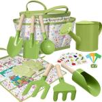 Kids Gardening Set 14Pcs Gardening Tools for Kids with Tote Bag,Watering Can, Shovel, Apron, Garden Book and More Educational STEM Learning Outdoor for Toddlers Boys Girls (Green-1)