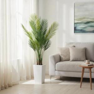 4.5FT/50Finch Artificial Palm Tree, Tall Faux Plants Indoor Tropical Areca with White Planter and Lifelike Leaves, Fake Potted Trees for Living Room Bedroom Home Office Outdoor Porch Decor