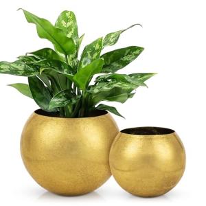 Oairse Round Gold Metal Flower Pots - 2 PCS Galvanized Planters with Drainage Hole Farmhouse Rustic Garden Rustproof Vintage Metal Plant Pot for Flowers Plant Herb Home Centerpieces Table Decorations