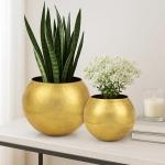 Oairse Round Gold Metal Flower Pots - 2 PCS Galvanized Planters with Drainage Hole Farmhouse Rustic Garden Rustproof Vintage Metal Plant Pot for Flowers Plant Herb Home Centerpieces Table Decorations