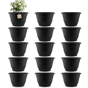 RooTrimmer 15 Pack 11 Inch Plant Pots with Drainage Holes,Black Plastic Flower Pots with Hanging Holes,Durable Planters for Indoor & Outdoor Plants,Nursery Pots
