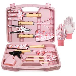 Grenebo 12-Piece Womens Gardening Tools Gift Set, Rust-Proof & Heavy-Duty Garden Tools with Durable Carrying Case, Fashionable & Thoughtful Gardening Gifts for Women&Men (Pink)