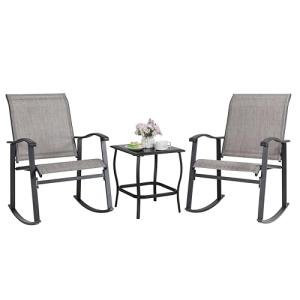 Shintenchi 3 Piece Rocking Bistro Set, Outdoor Furniture with Rocker Chairs and Glass Coffee Table Balcony, Porch Furniture for Small Space, Gray