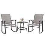 Shintenchi 3 Piece Rocking Bistro Set, Outdoor Furniture with Rocker Chairs and Glass Coffee Table Balcony, Porch Furniture for Small Space, Gray